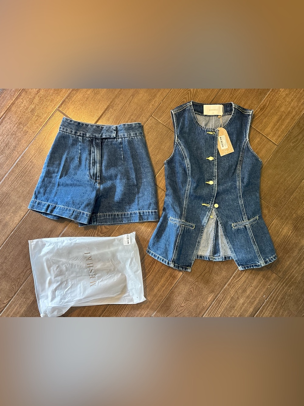 Meshki Denim High-Waist Shorts & Vest Set